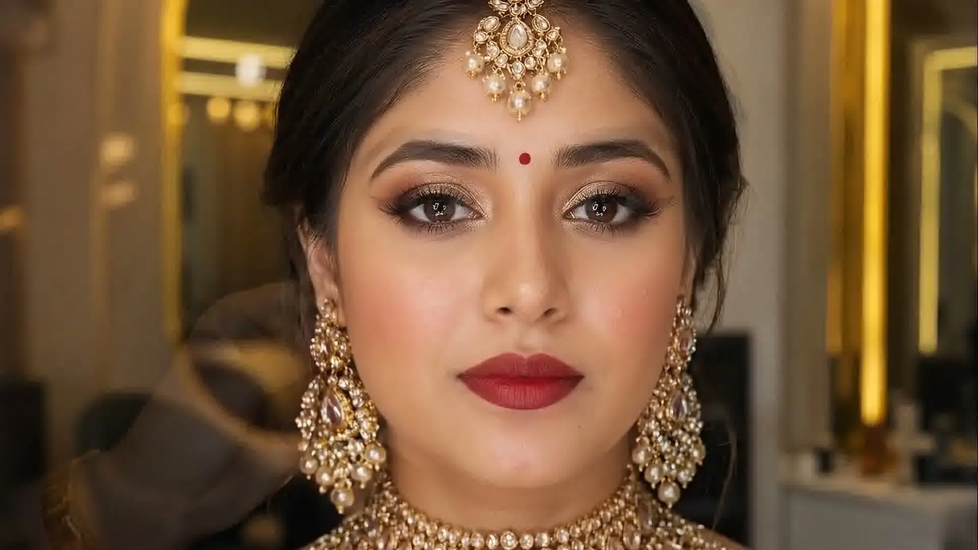 A bride in a maang tikka, red bindi, red lipstick, kundan earrings and choker