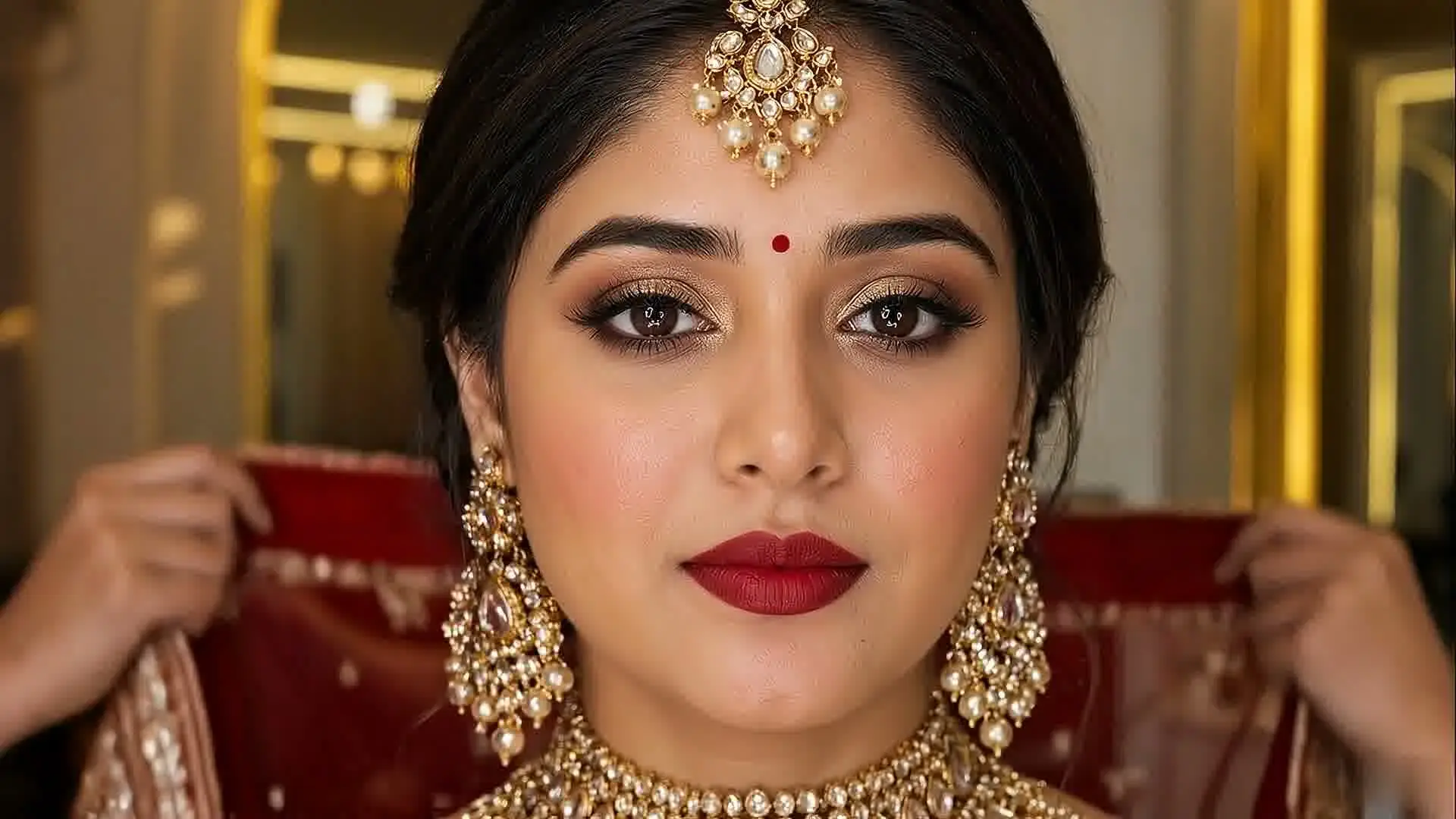 A red embroidered dupatta lifted behind a bride in a maang tikka and kundan jewellery