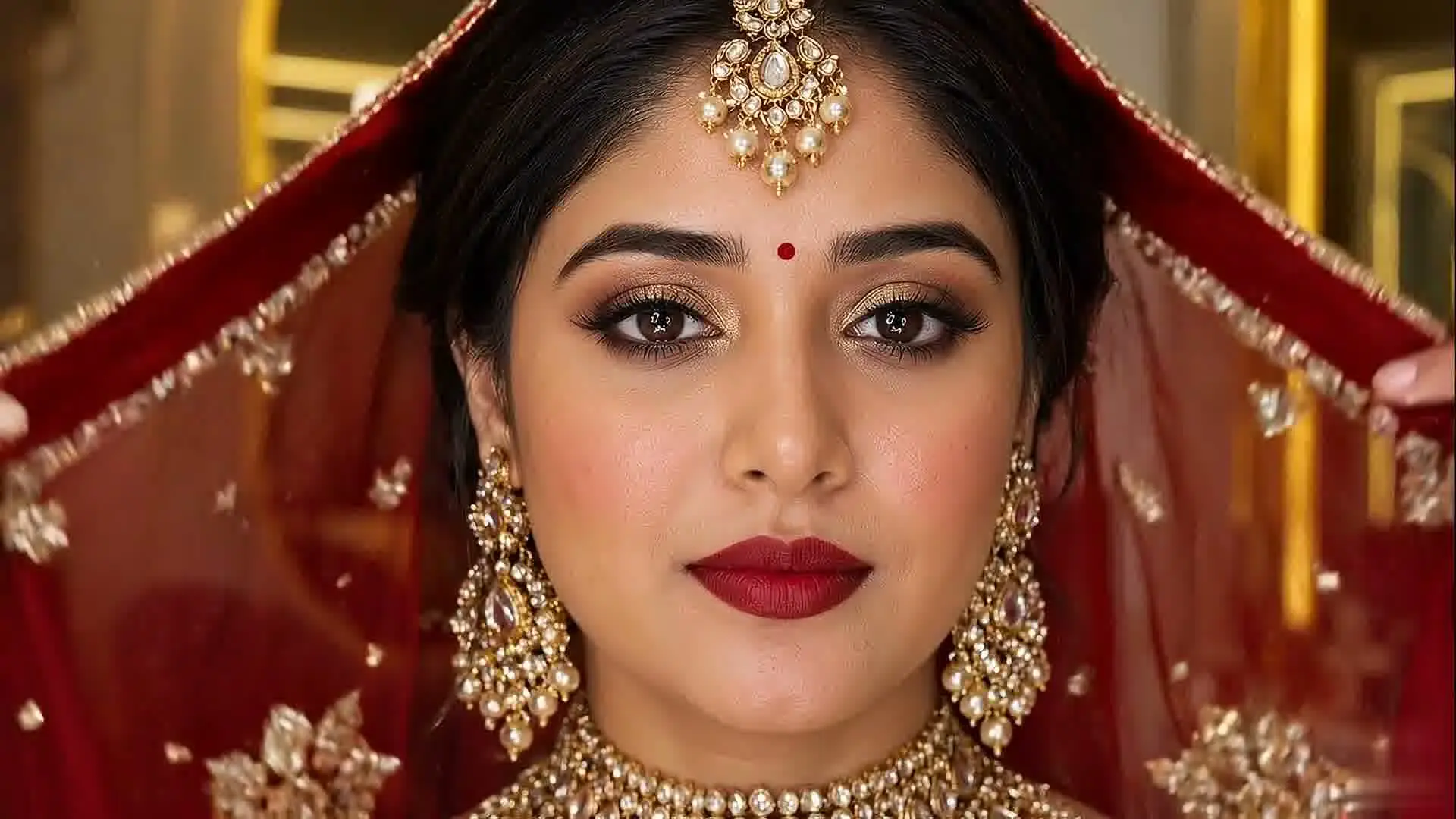 A bride with a red embroidered dupatta over her head, wearing a maang tikka and kundan choker